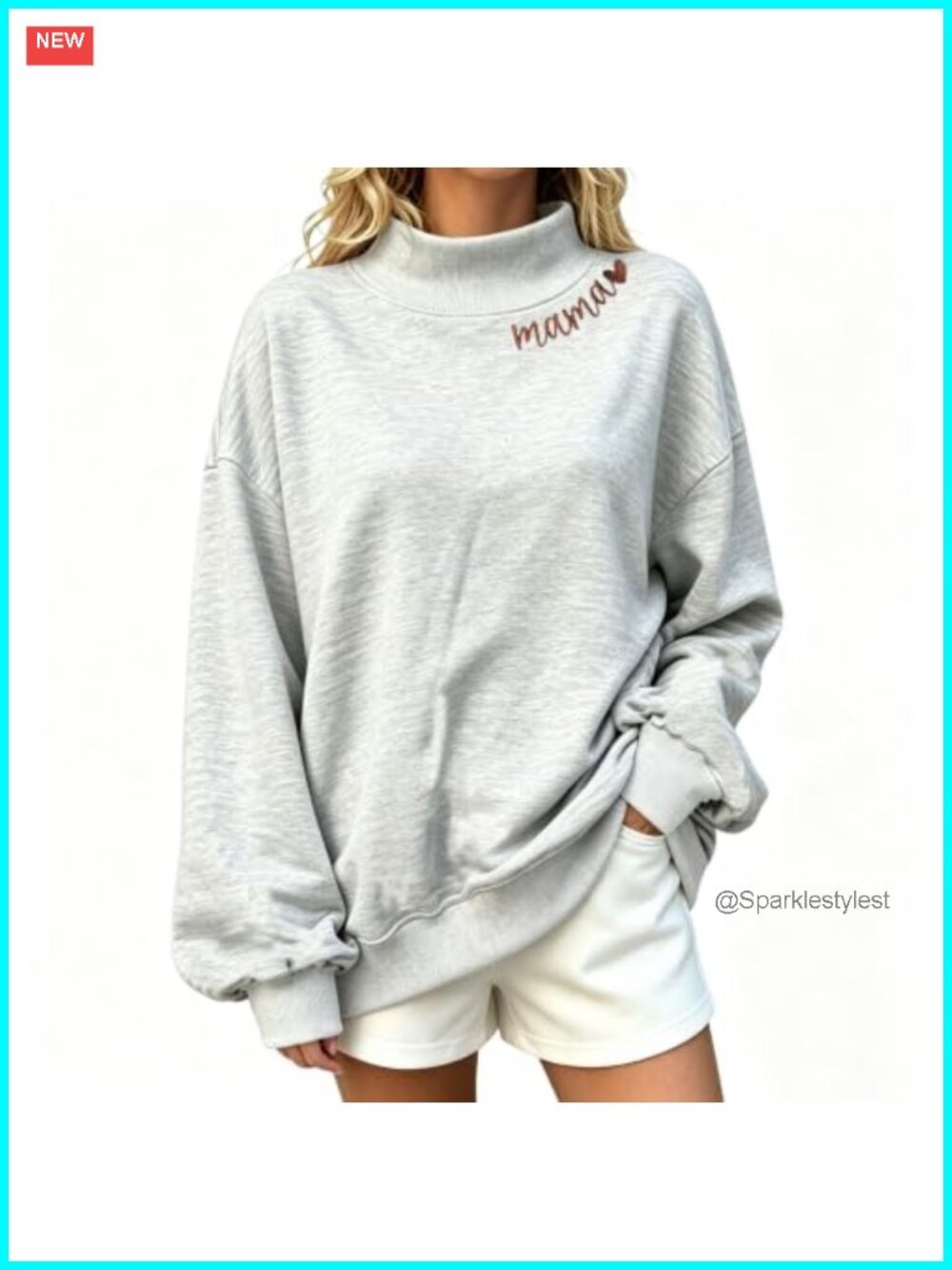 Mock Neck Mama Embroidered Oversized Sweatshirt Cotton Polyester